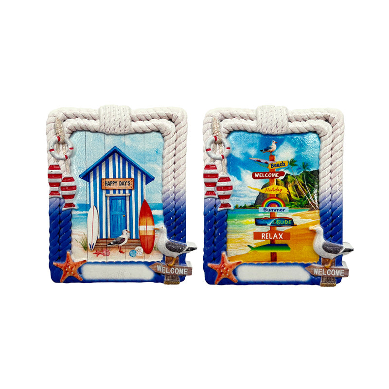 Charming souvenir magnet featuring beach signs and a beach hut
