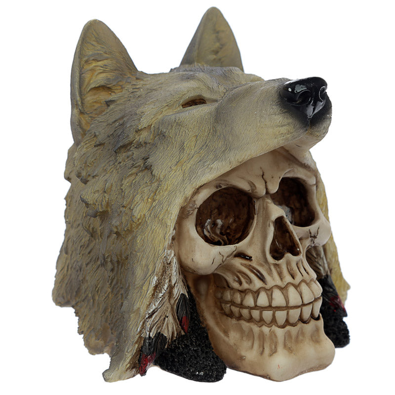 Fantasy Skull with Wolf Head Ornament in home decor setting