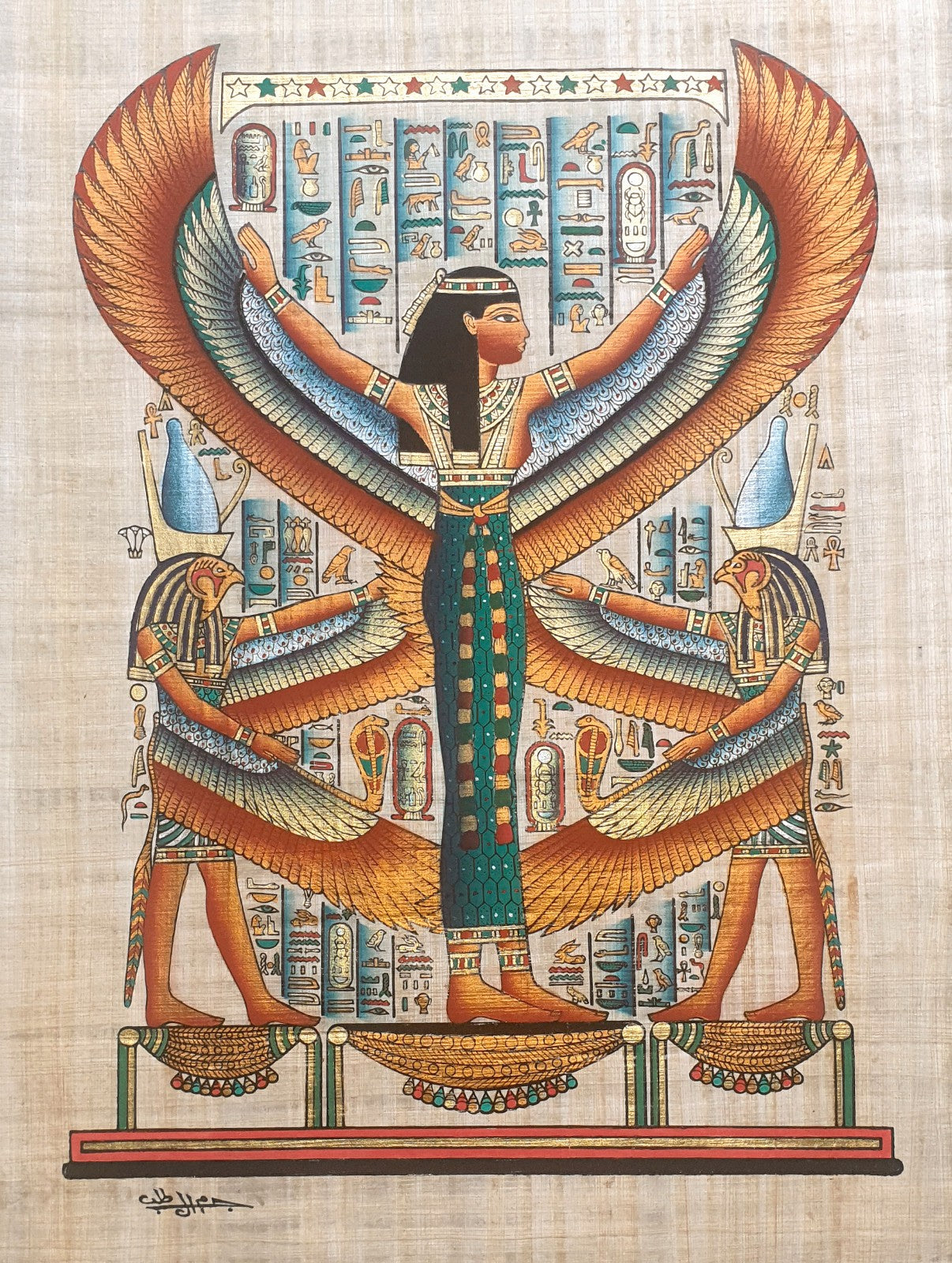 Egyptian papyrus painting of Goddess Nut, depicting her celestial form with stars