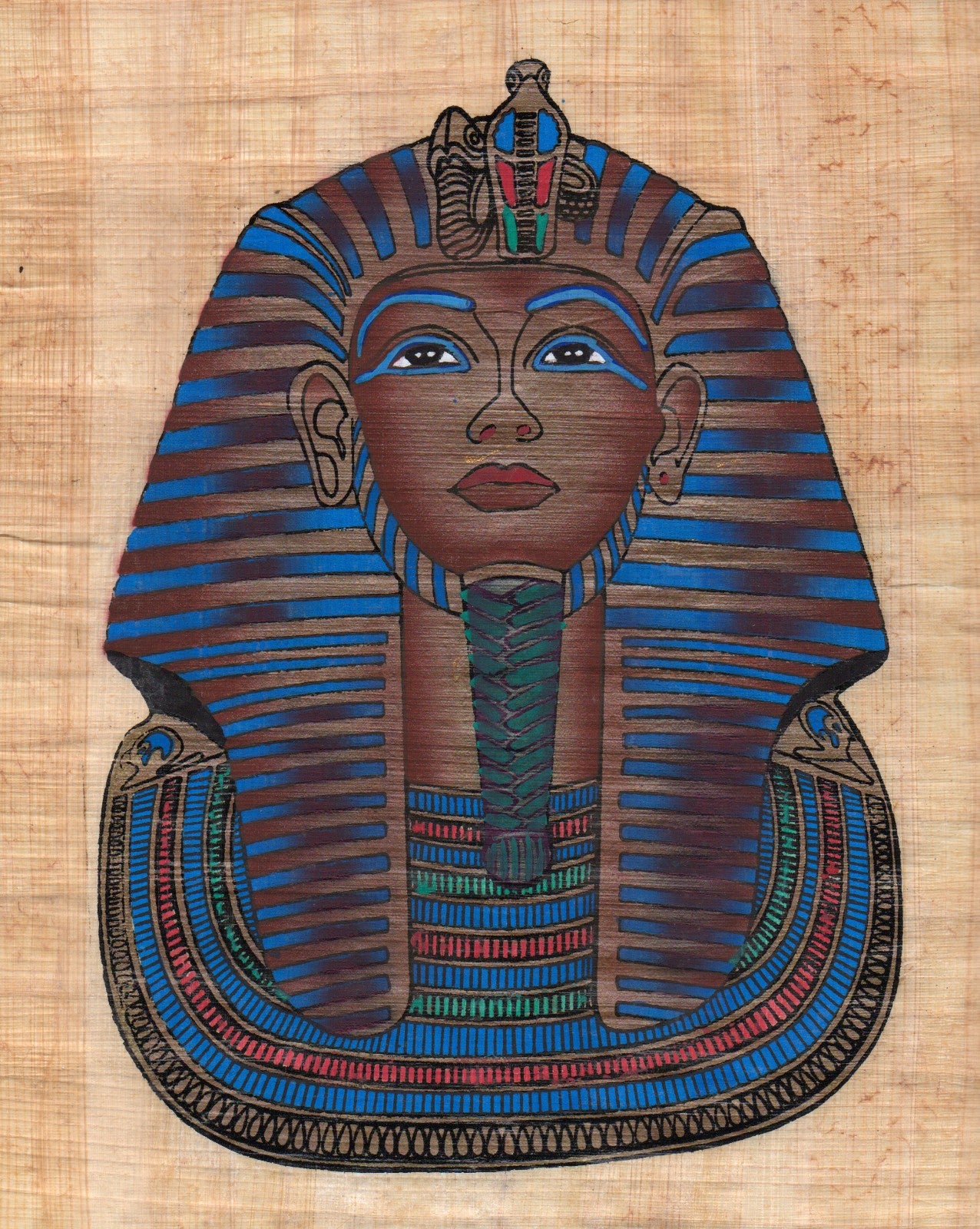 Egyptian Papyrus Painting of Tutankhamun with vibrant colours and intricate details