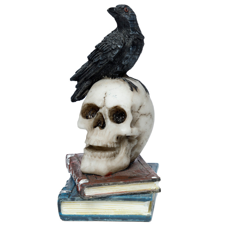 Crow standing on skull and books decorative accent