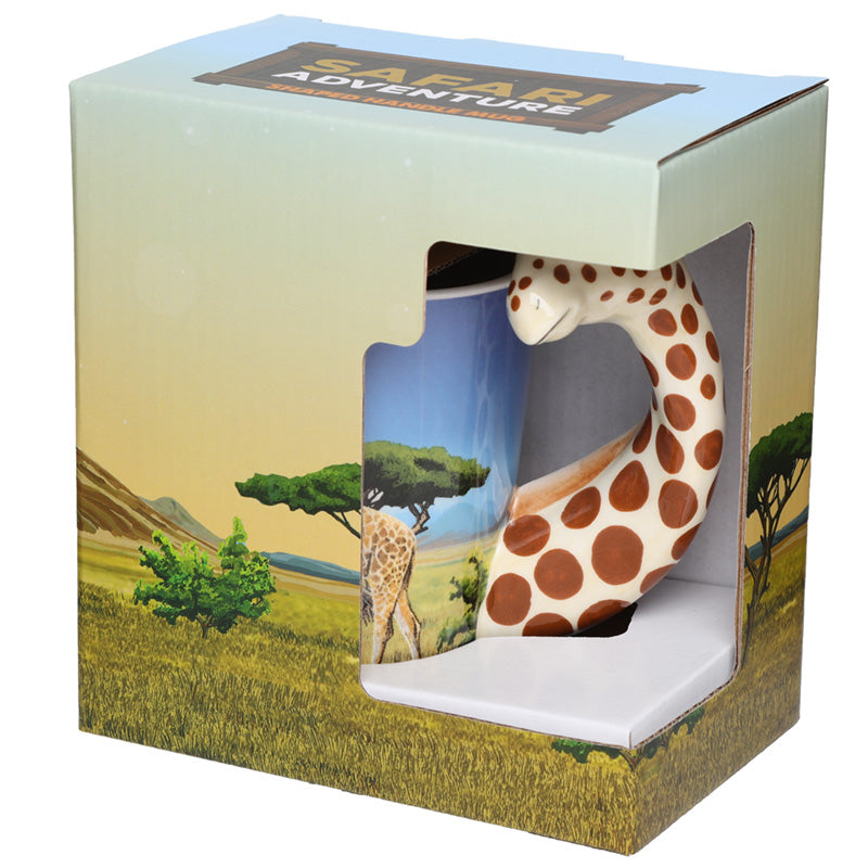 Giraffe Savannah Decal Shaped Handle Ceramic Mug - Displayed on Shelf