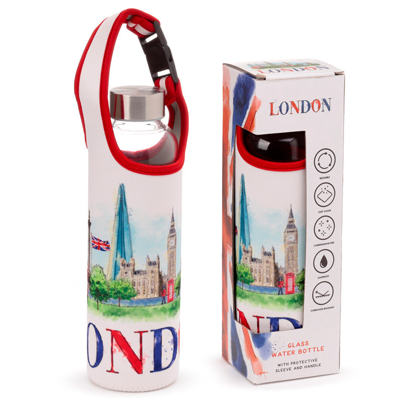 Collectible glass water bottle with London theme