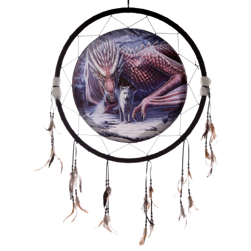 Large dreamcatcher featuring dragon and wolf design by Lisa Parker