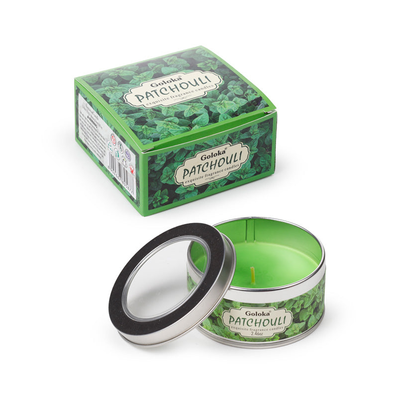 Goloka Patchouli Wax Candle Tin with decorative design