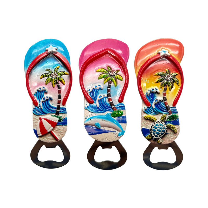 Whimsical flip flop shaped magnetic bottle opener