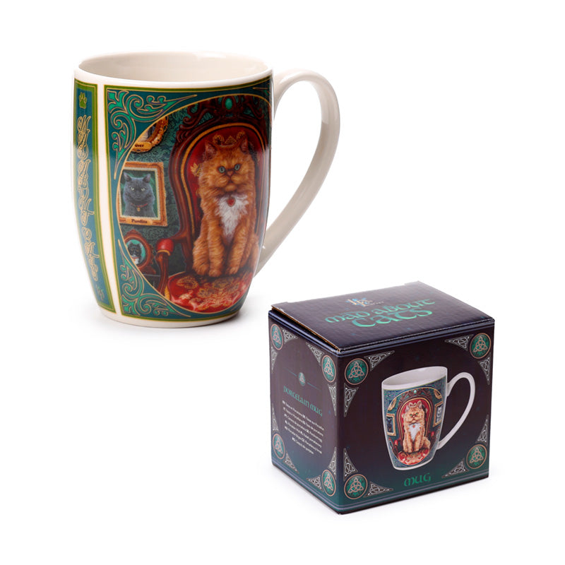 Lisa Parker Mad About Cats Mug displayed with cat collectibles