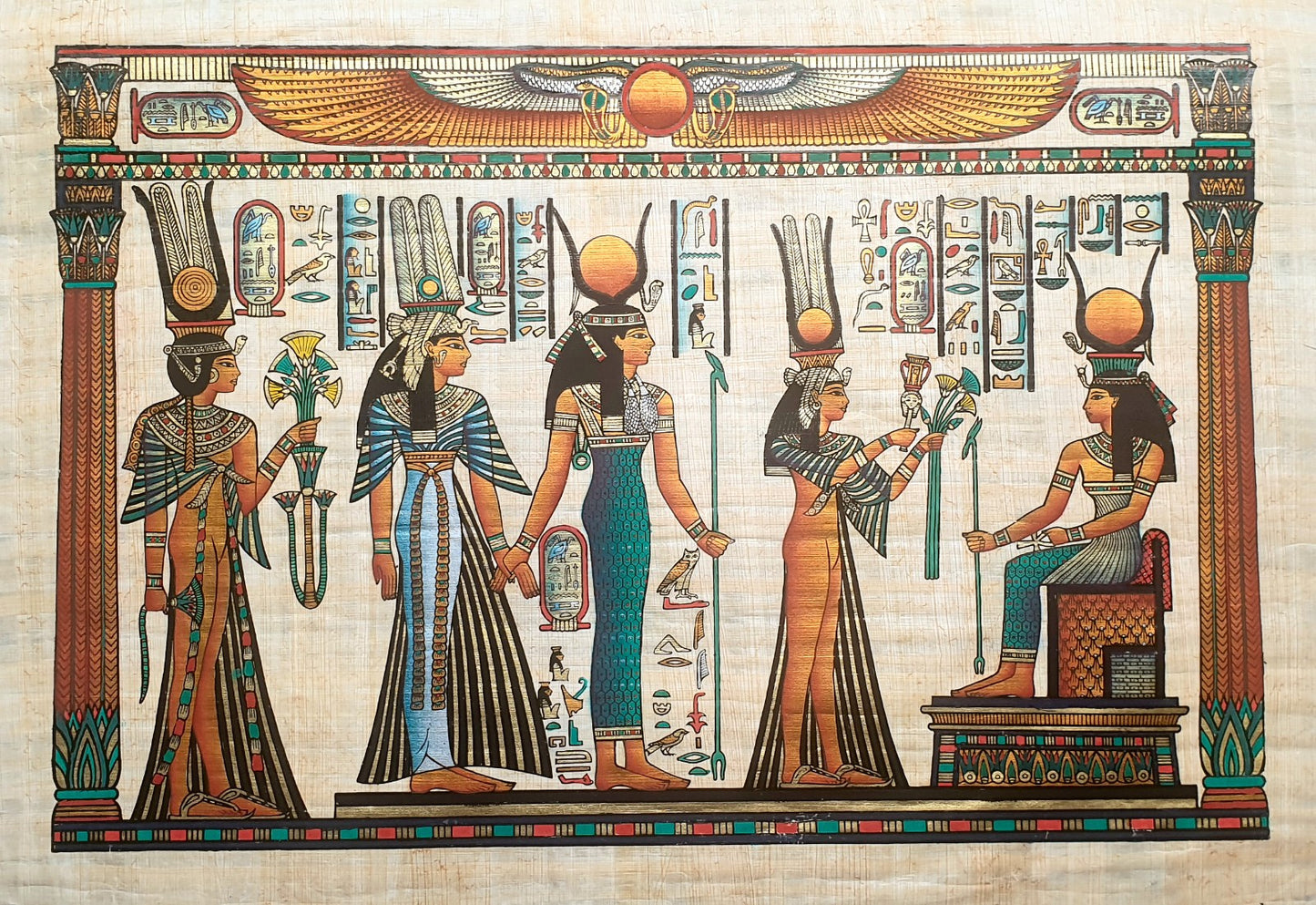 Nefertari presenting offerings to Isis in Egyptian papyrus art