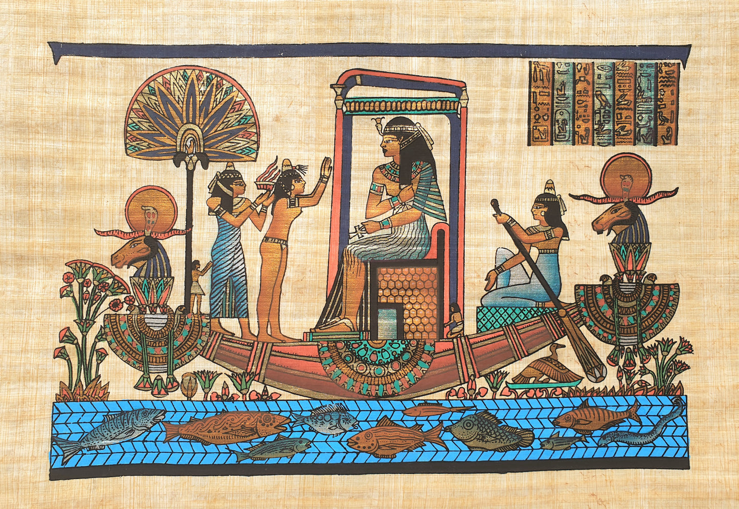 Egyptian Papyrus Art depicting Female Pharaoh Hatshepsut with symbols of ancient Egypt