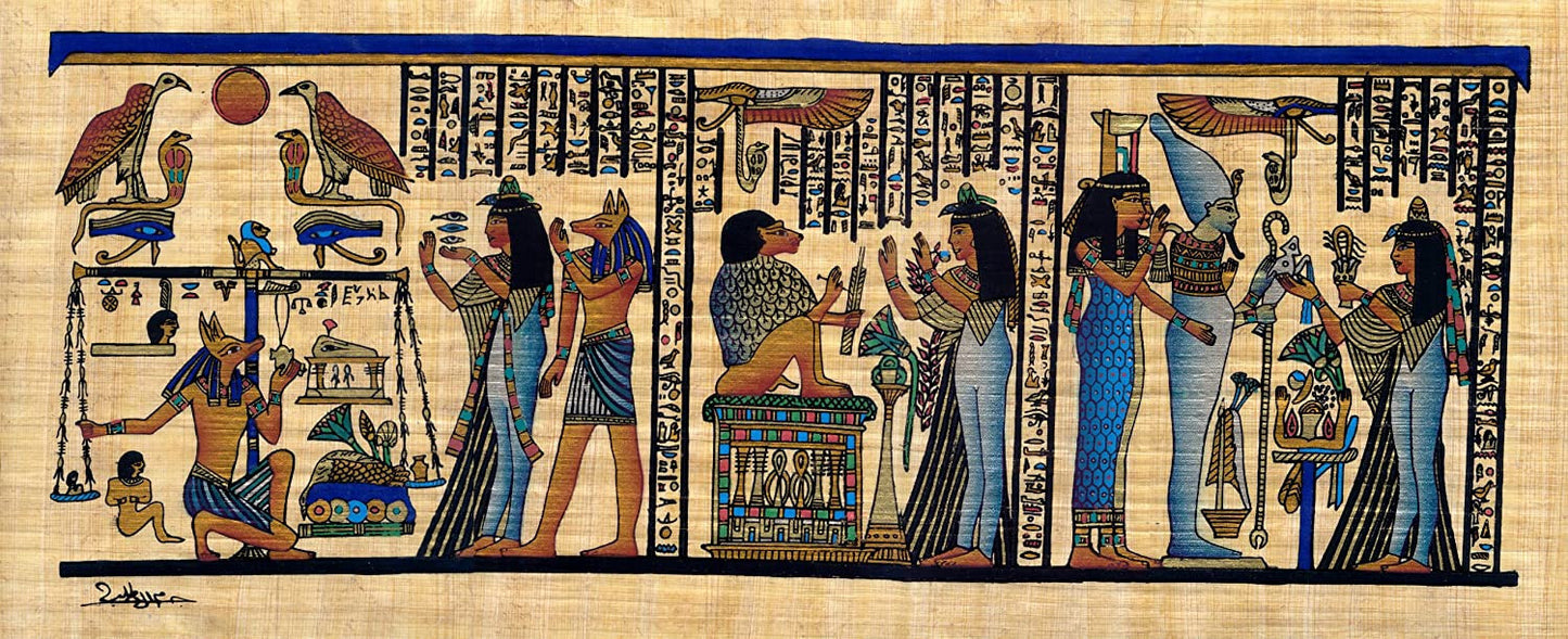 Egyptian Papyrus Painting of the Judgement Scene with Anubis and Osiris