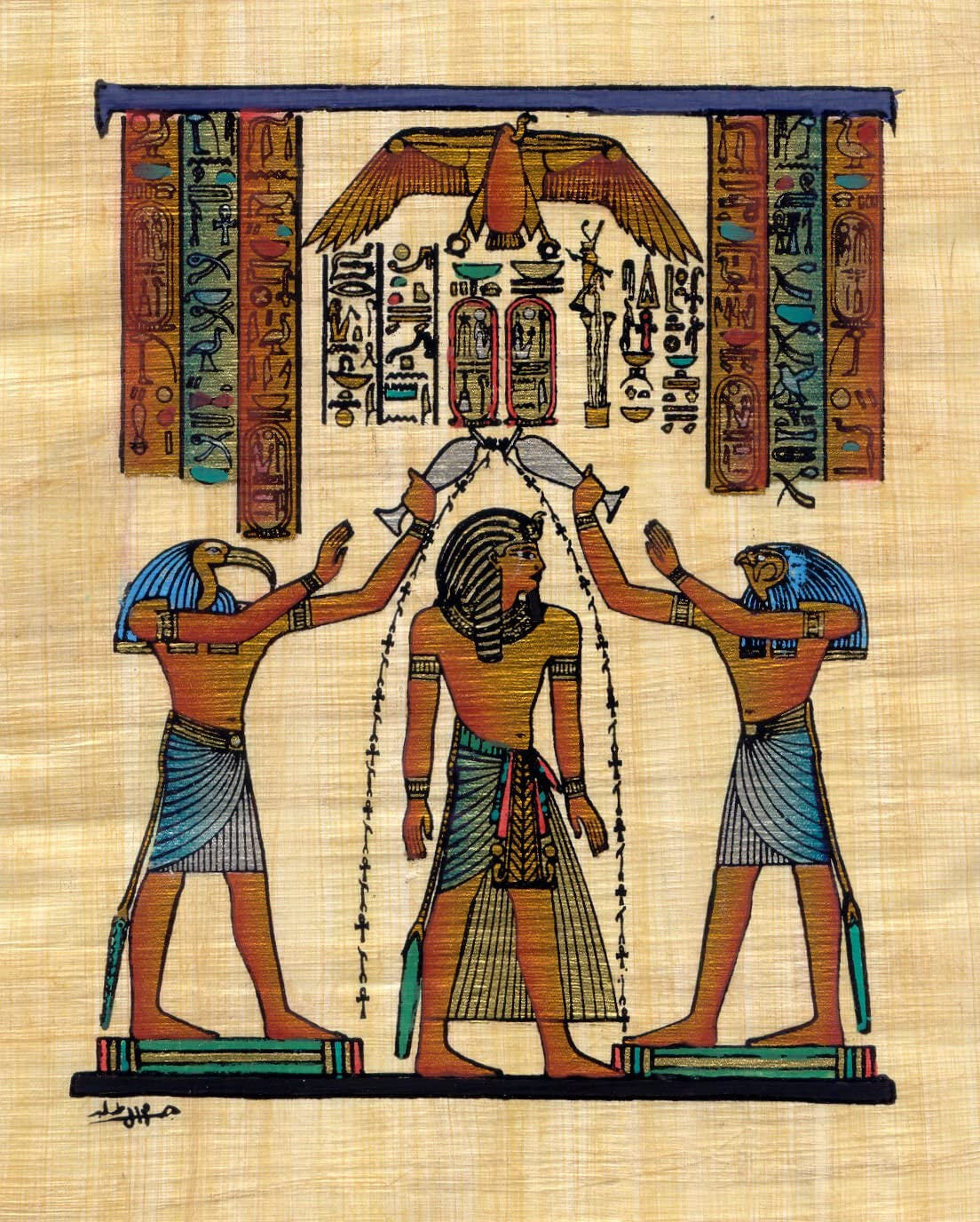 Egyptian papyrus painting depicting Ramesses II, Horus, and Thoth