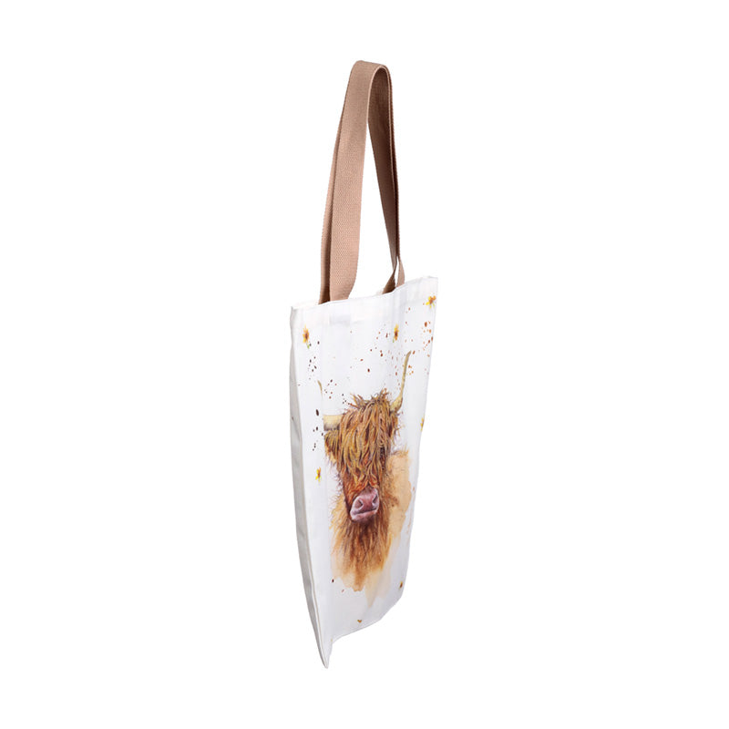 Jan Pashley Highland Coo Cow Tote Shopping Bag displayed with home decor