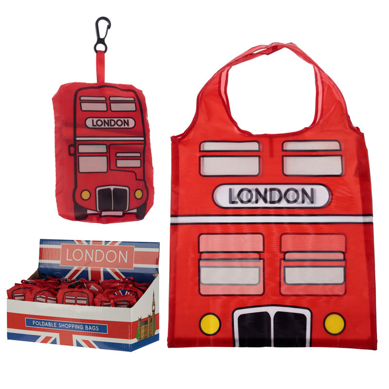 Vibrant foldable shopping bag featuring London Bus