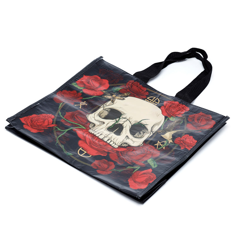 Stylish Skulls and Roses Reusable Shopping Bag in use