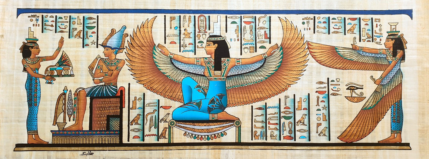 Egyptian Papyrus Painting of Goddess Isis with intricate design and symbolism