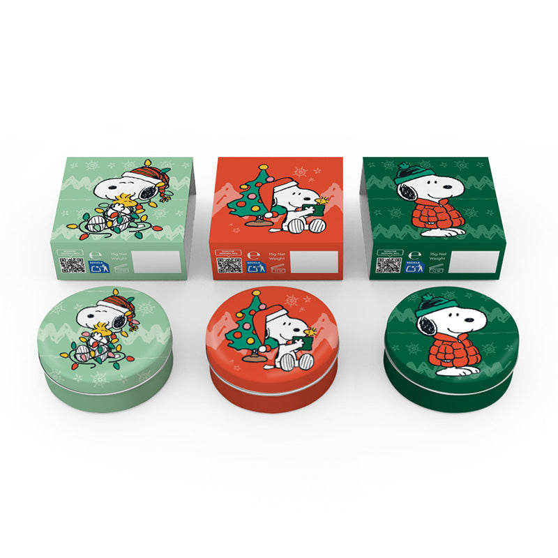 Peanuts Christmas Lip Balm in a Tin featuring Snoopy and Woodstock