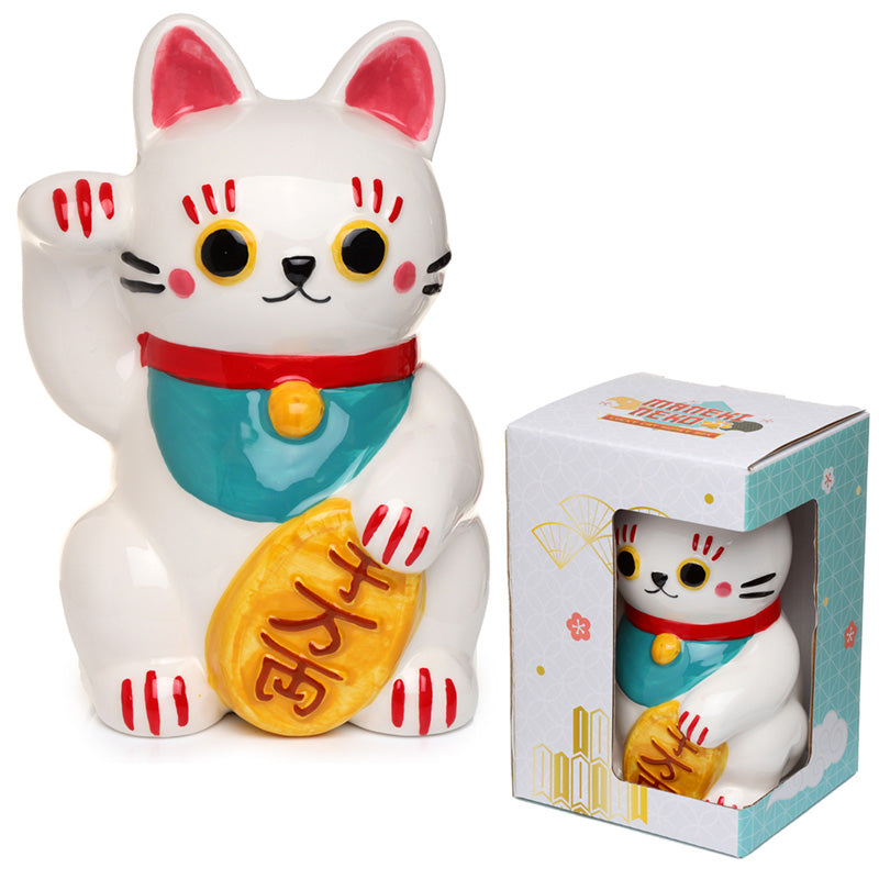Collectable Ceramic White Maneki Neko Lucky Cat Money Box - Lifestyle Display