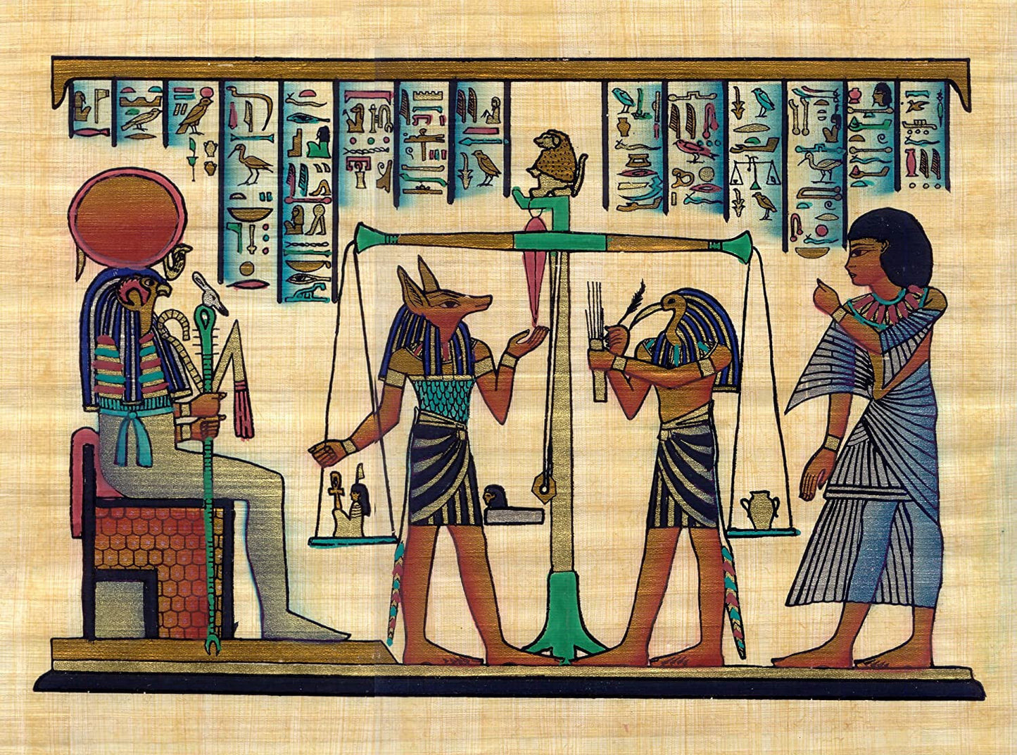 Egyptian papyrus painting of the Weighing of the Heart scene featuring Anubis and Osiris