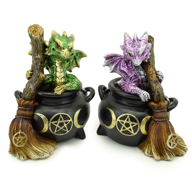 Elements Dragon Figurine perched on a witches cauldron