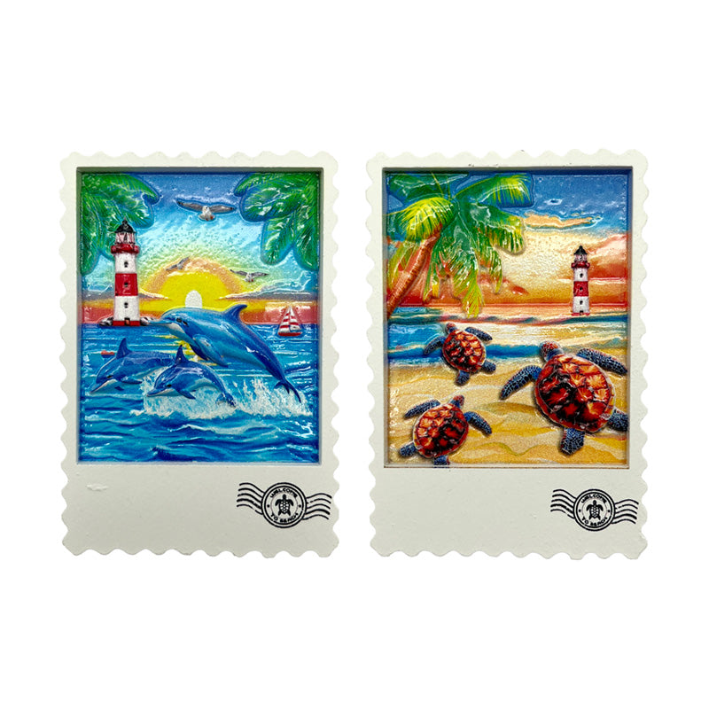 Souvenir magnet shaped like a stamp with turtles and dolphins