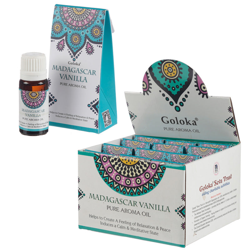 Goloka Madagascar Vanilla Aroma Oil displayed with home decor