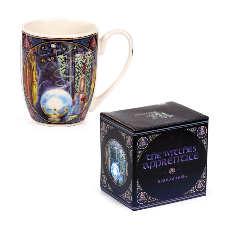 Lisa Parker The Witch's Apprentice Cat Mug displayed with collectibles