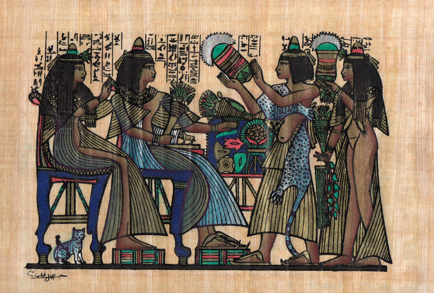 Egyptian Papyrus artwork depicting the Lotus Festival with intricate details of the lotus flower and ancient symbols.