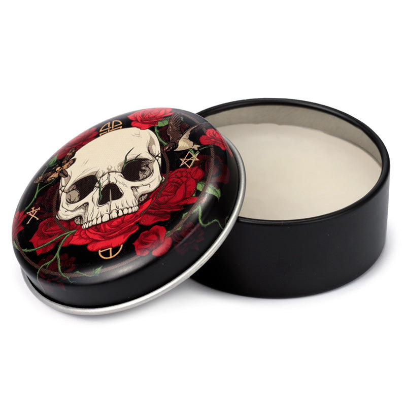 Close-up of Skulls and Roses Lip Balm tin design