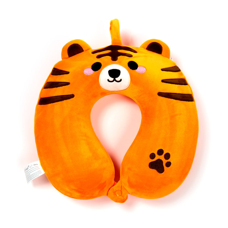 Alfie the Tiger Travel Pillow on a travel bag