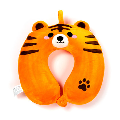 Alfie the Tiger Travel Pillow on a travel bag