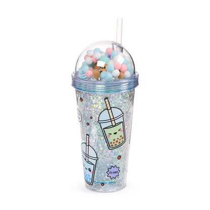 Double walled cup featuring fun charms and lid