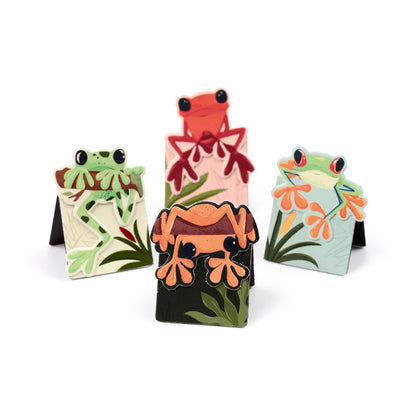 Vibrant Tropical Frogs Bookmark in use