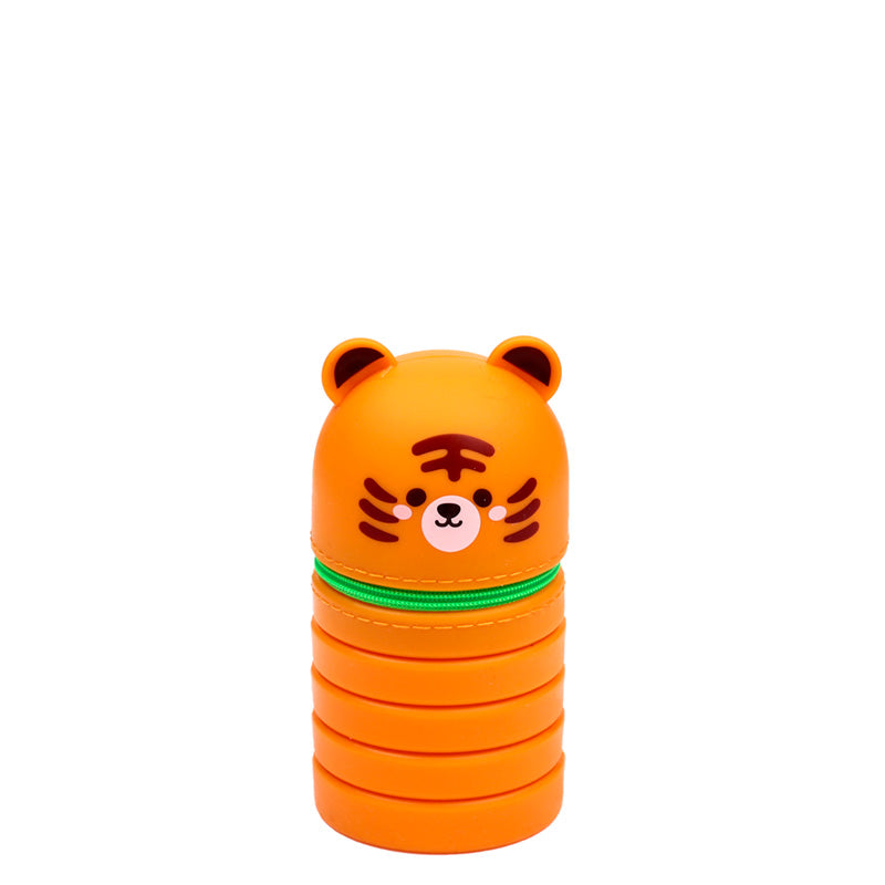 Adoramals Tiger Silicone Pencil Case open with stationery