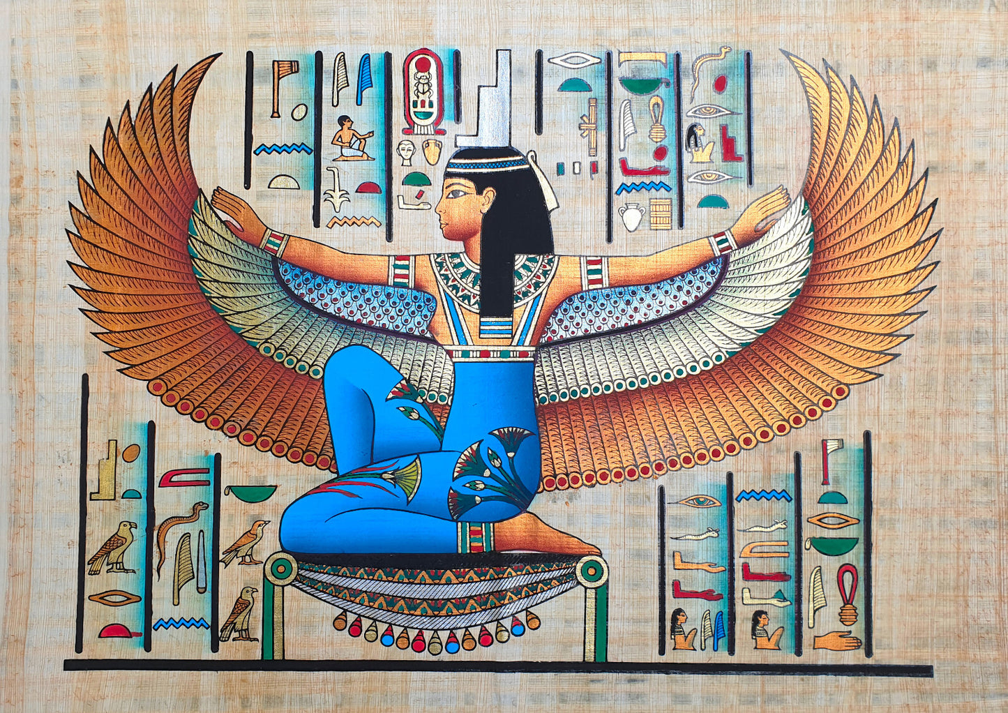 Winged Isis Egyptian papyrus painting, vibrant colours and intricate design