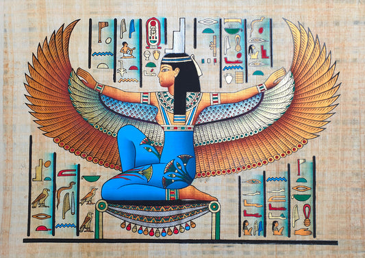 Winged Isis Egyptian papyrus painting, vibrant colours and intricate design