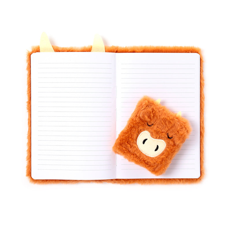 Highland Coo Plush A5 Notebook open with pages