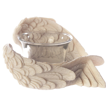 Winged White Angel Votive Holder with seasonal decorations