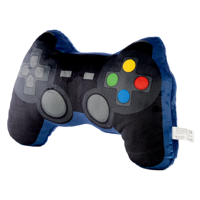 Decorative game controller cushion on sofa
