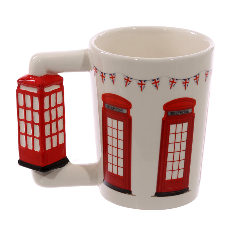 London Icons Telephone Box Mug displayed with hot beverage
