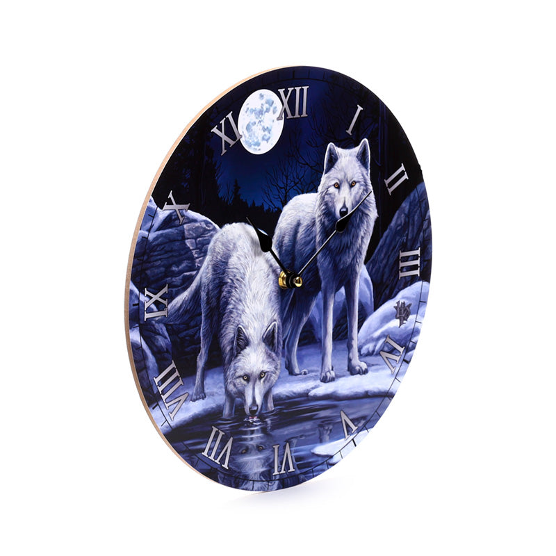 Close-up of Lisa Parker Warriors of Winter Wolf Wall Clock design