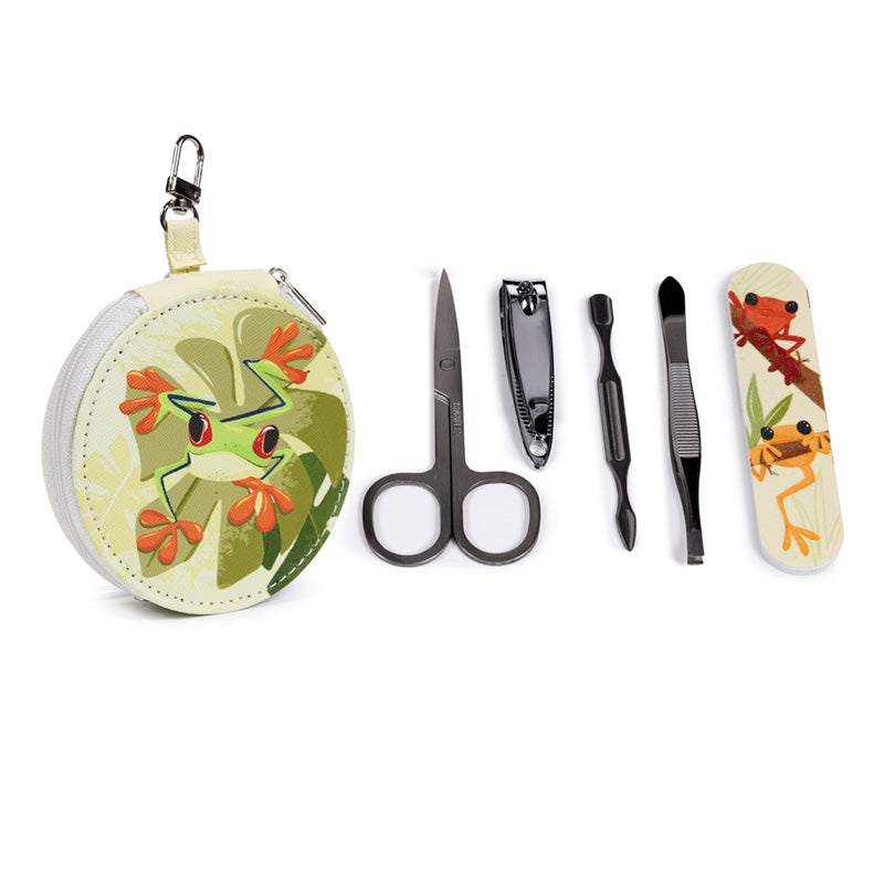 Close-up of Tropical Frogs design on manicure set