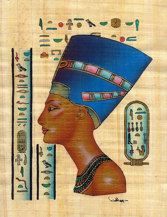 Egyptian papyrus painting of Nefertiti, showcasing her iconic crown and regal features