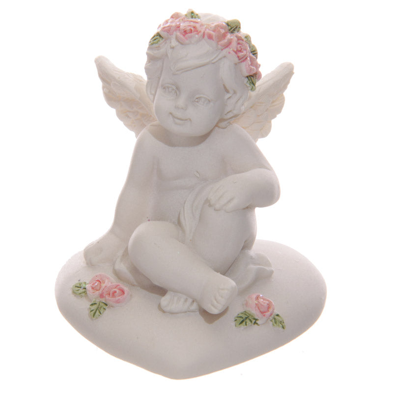 Collectable Cherub Sitting on Heart with Pink Roses - Detailed View