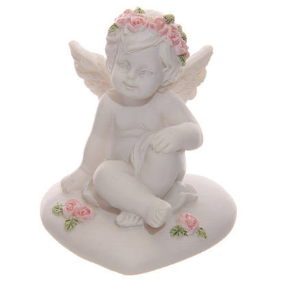 Collectable Cherub Sitting on Heart with Pink Roses - Detailed View