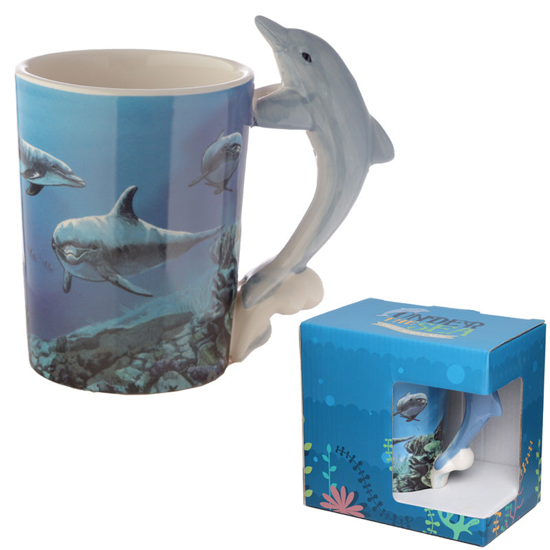 Shaped Handle Ceramic Mug with Dolphin Underwater Design