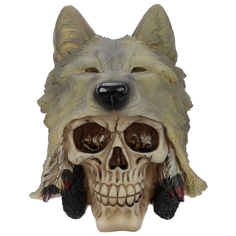 Fantasy Skull with Wolf Head Ornament front view