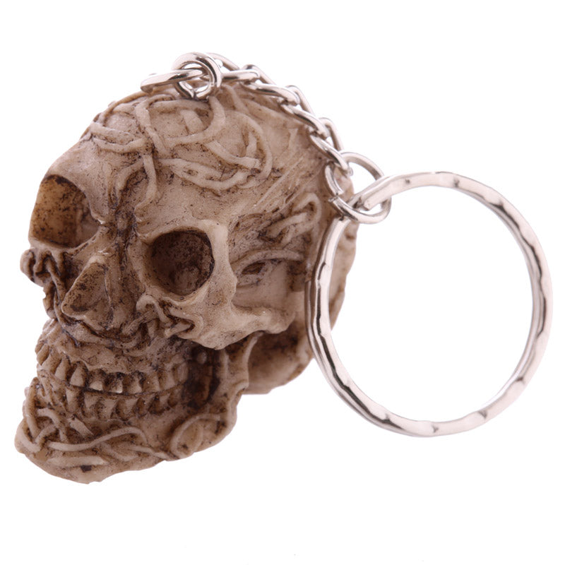 Close-up of Celtic Skull Keyring showing metal accents