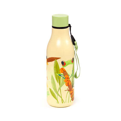 Vibrant design of the Tropical Tree Frogs insulated bottle