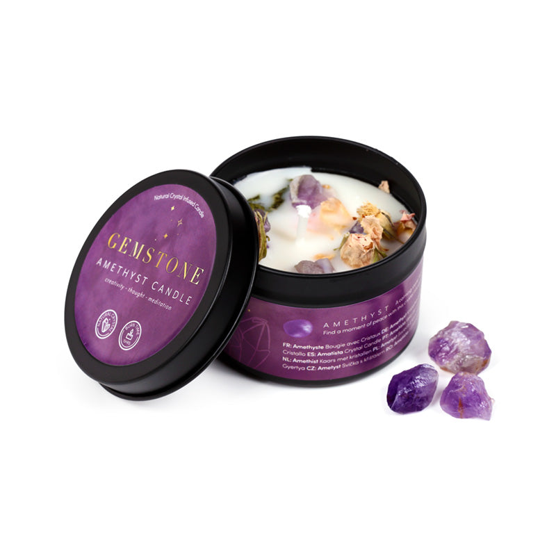 Elegant Wax Candle Tin with Amethyst and Rose Quartz