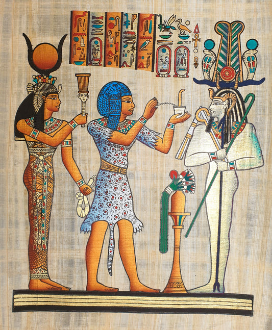 Egyptian papyrus painting of Hathor, Seti I, and Osiris